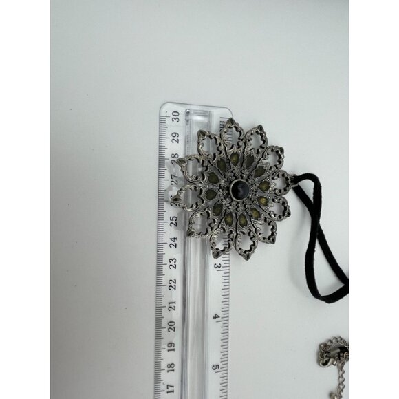 Circle Pendant 3" Silver Tone Pierced Designs Glass Center Black Cord - Picture 8 of 9